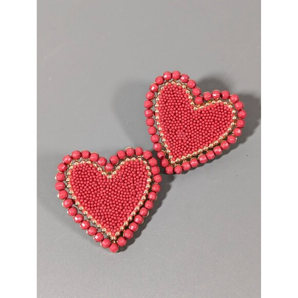 Red Beaded Heart Earrings Bold Statement Gold Tone Valentines Love - Picture 2 of 6